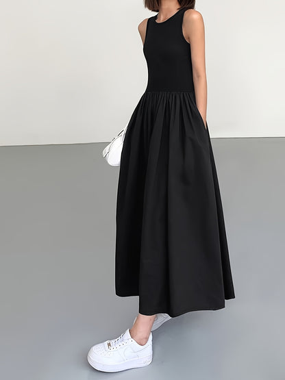 Women's Casual Sleeveless Midi Dress, Round Neck, Solid Color, Pleated A-line Skirt, Suitable for All Seasons