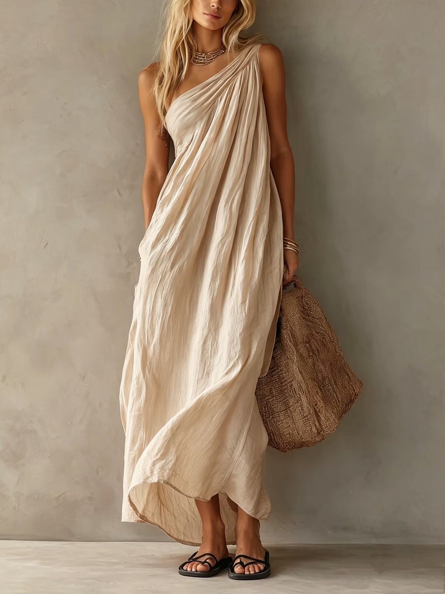 Effortless Linen Maxi Dress for Women with One Shoulder Draped Ruched Flowing Bohemian Style