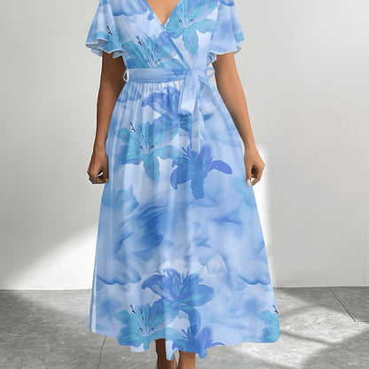 Plus Size - Plus Size - Plus Size Women'S Summer Printed Round Neck Short Sleeve Raglan Long Dress, Christmas Women'S Long Set
