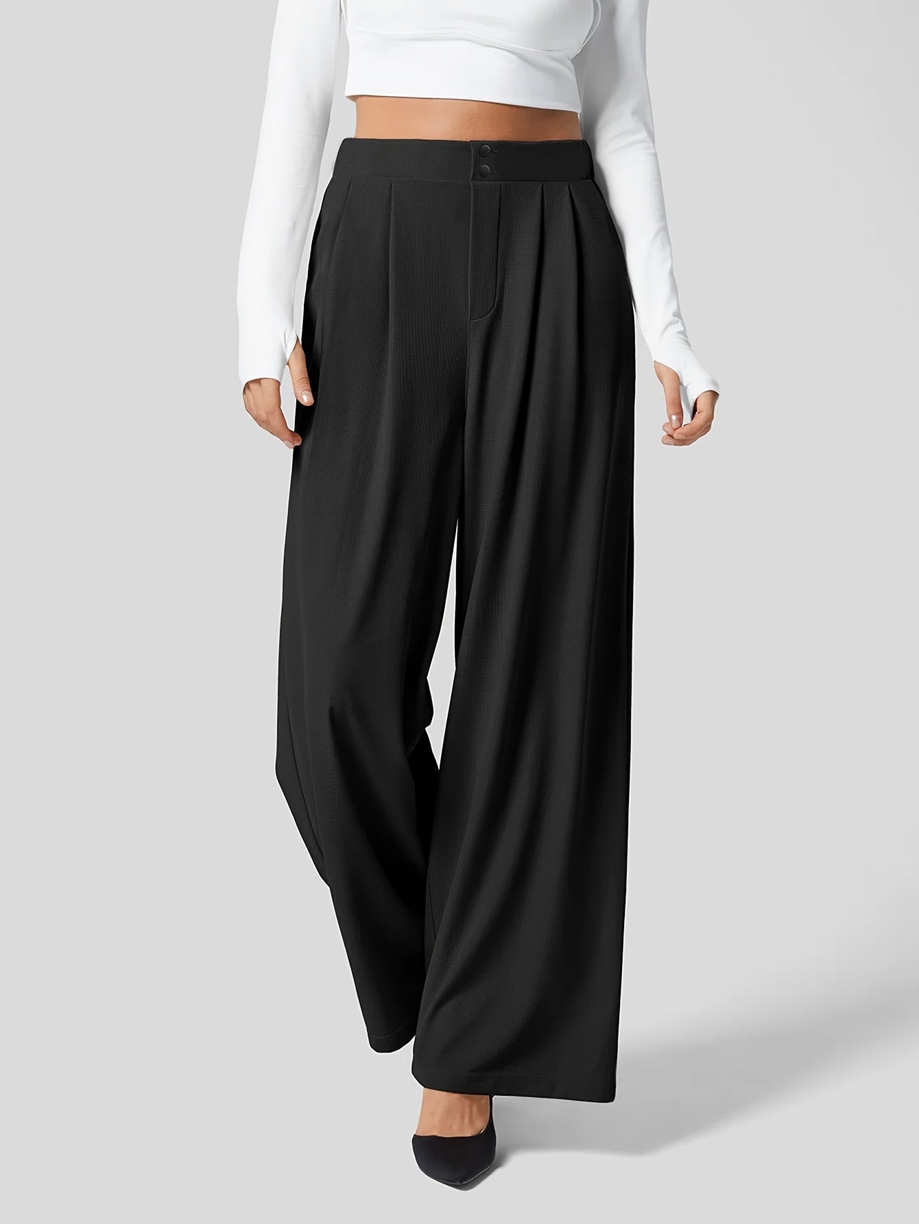 Elegant Khaki Wide Leg Pants for Women with High Waist Pleated Button Front Tailored Style