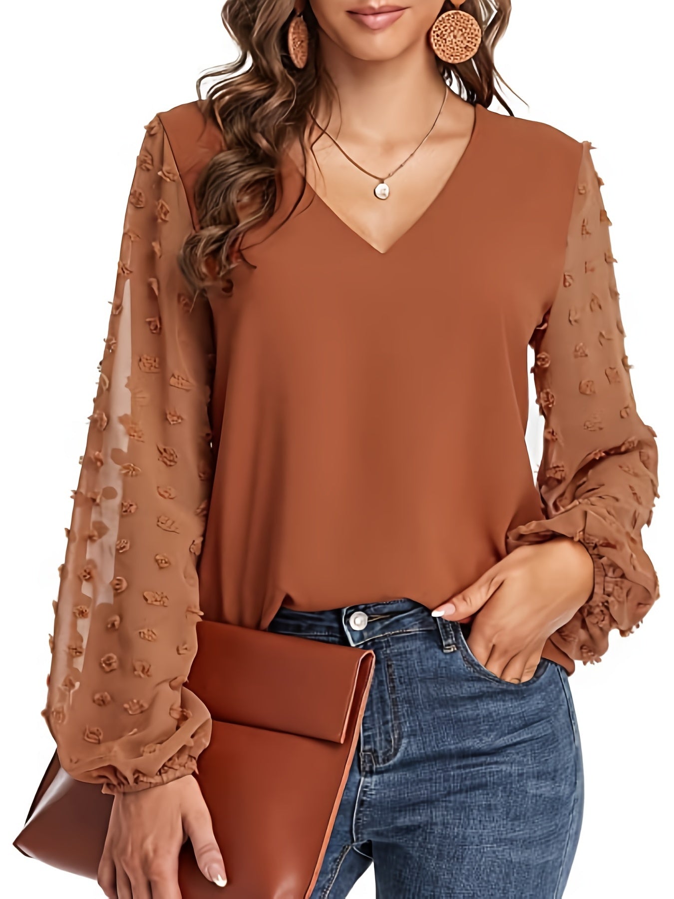 Effortless Swiss Dot Blouse for Women with V Neck Bishop Sleeve Textured Chiffon Casual Style