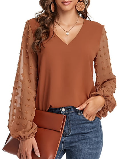 Effortless Swiss Dot Blouse for Women with V Neck Bishop Sleeve Textured Chiffon Casual Style