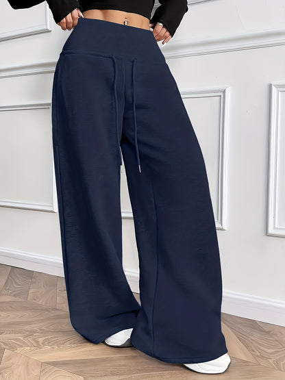 Women'S Fall Winter Solid Color Fleece Wide Leg Pants Elastic Drawstring Loose Trousers