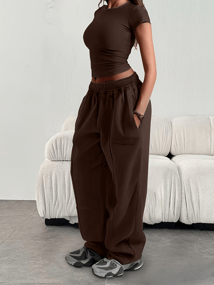Effortless Fleece Wide Leg Sweatpants for Women with High Waist Elastic Side Pocket Relaxed Casual Style