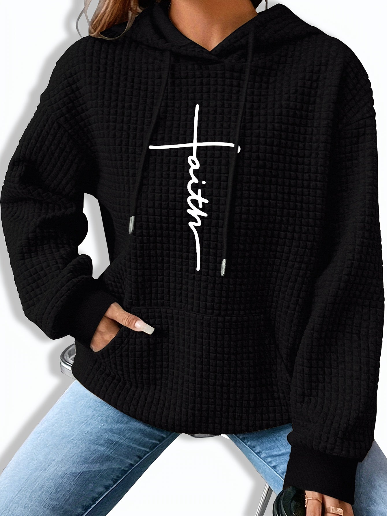 Comfortable Waffle Knit Graphic Hoodie for Women with Drawstring Hood Long Sleeve Oversized Relaxed Style