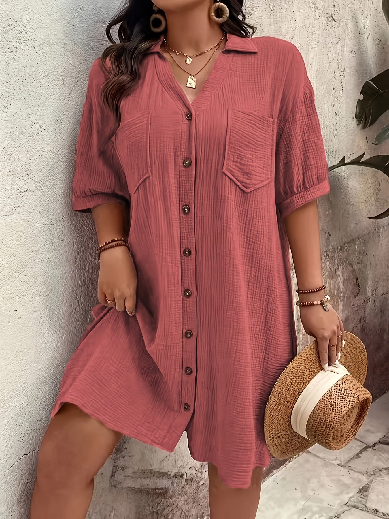 Effortless Textured Cotton Shirt Dress for Women with Collared V Neck Half Sleeve Button Front Relaxed Casual Style