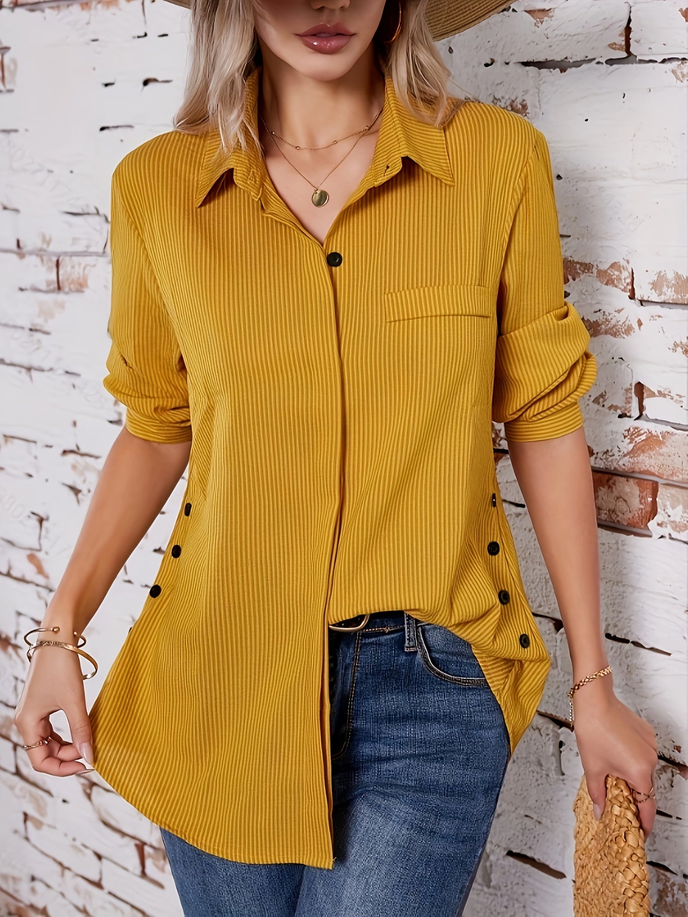 Effortless Striped Blouse for Women with Collar Long Sleeve Side Button Relaxed Style