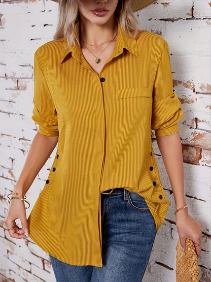 Effortless Striped Blouse for Women with Collar Long Sleeve Side Button Relaxed Style