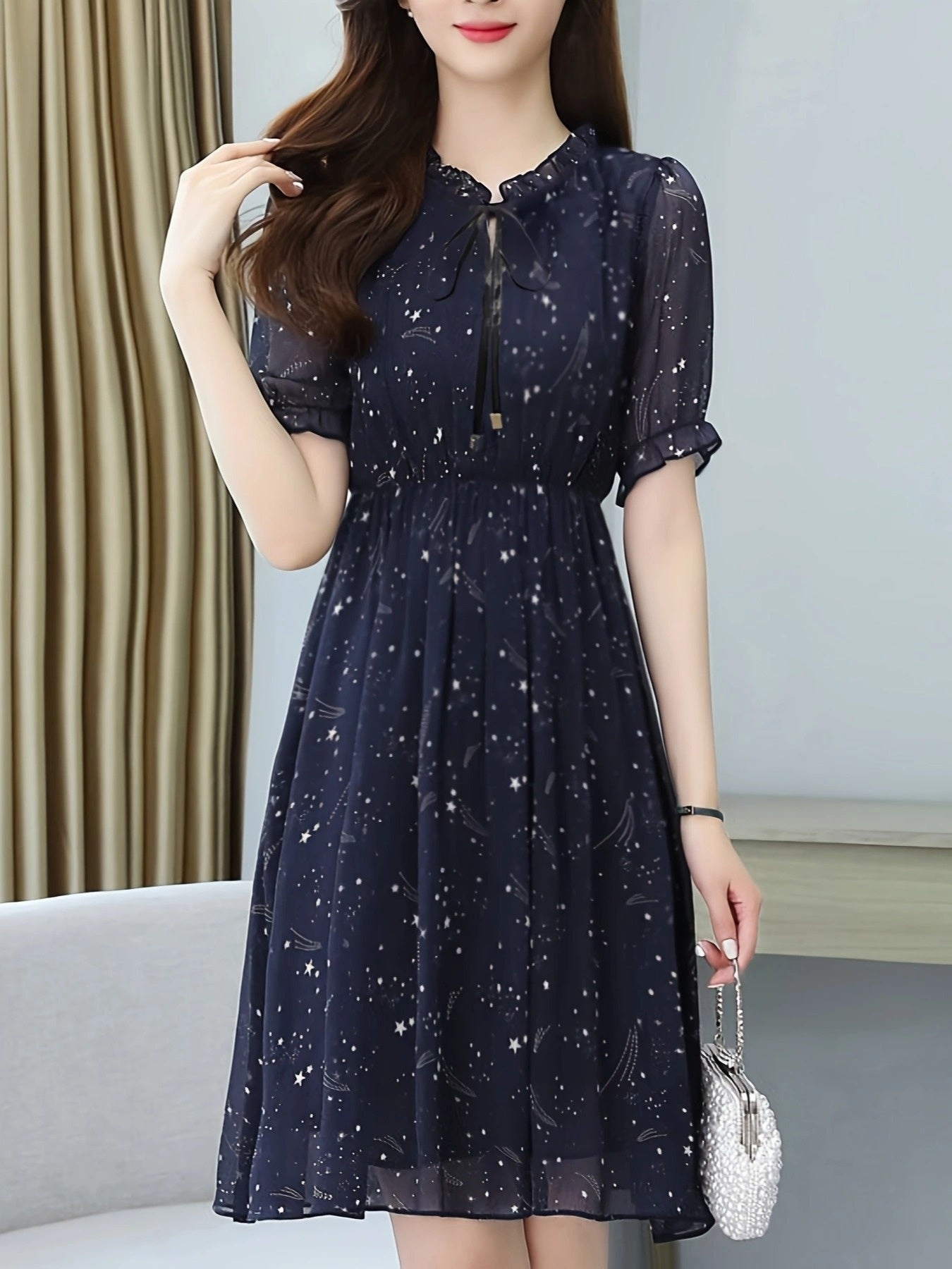 Q8103 Summer Printed Waist-Cinching Short-Sleeve Dress