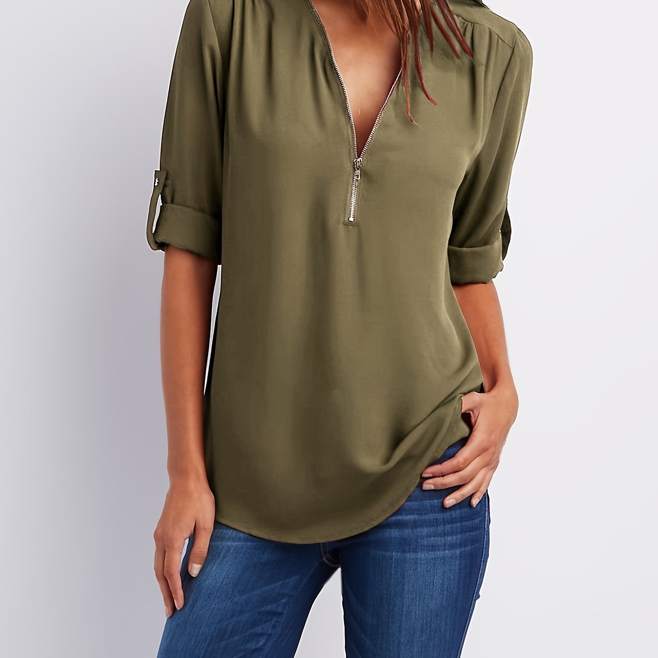Effortless Zip Front Blouse for Women with V Neck Roll Tab Sleeve Relaxed Tunic Style