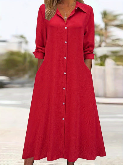 Elegant Button Front Shirt Dress for Women with Collar Long Sleeve A Line Flowing Style