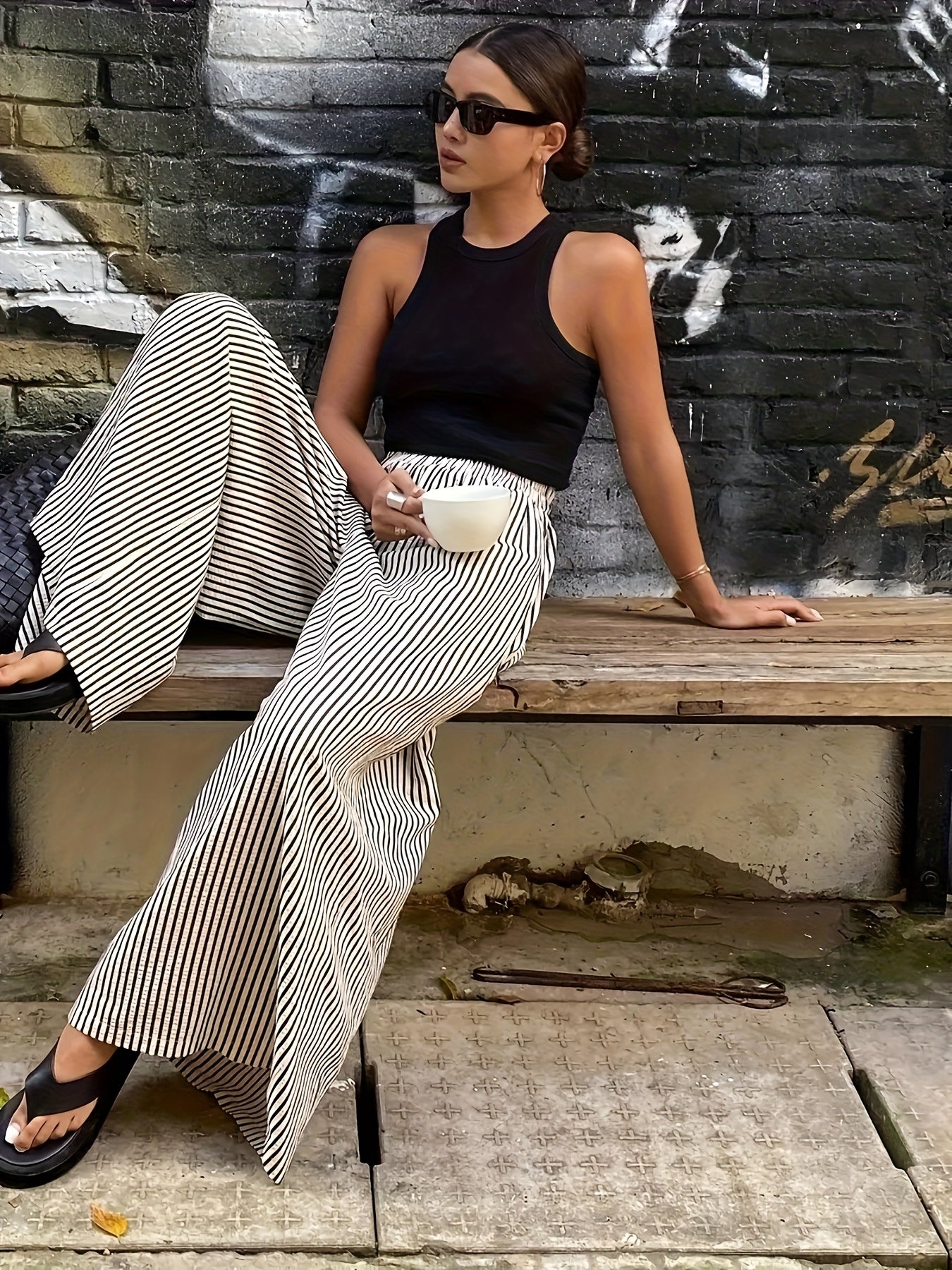 Effortless Apricot Striped Wide Leg Pants for Women with High Waist Elastic Waistband Flowing Relaxed Style