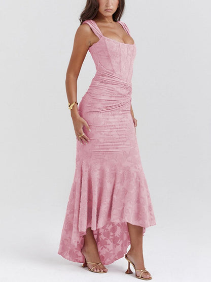Elegant Lace Mermaid Dress for Women with Square Neck Sleeveless Corset Ruched Formal Wedding Guest Style