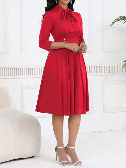 Elegant Bow Tie Midi Dress for Women with Stand Collar Elbow Sleeve Pleated Fit and Flare Style