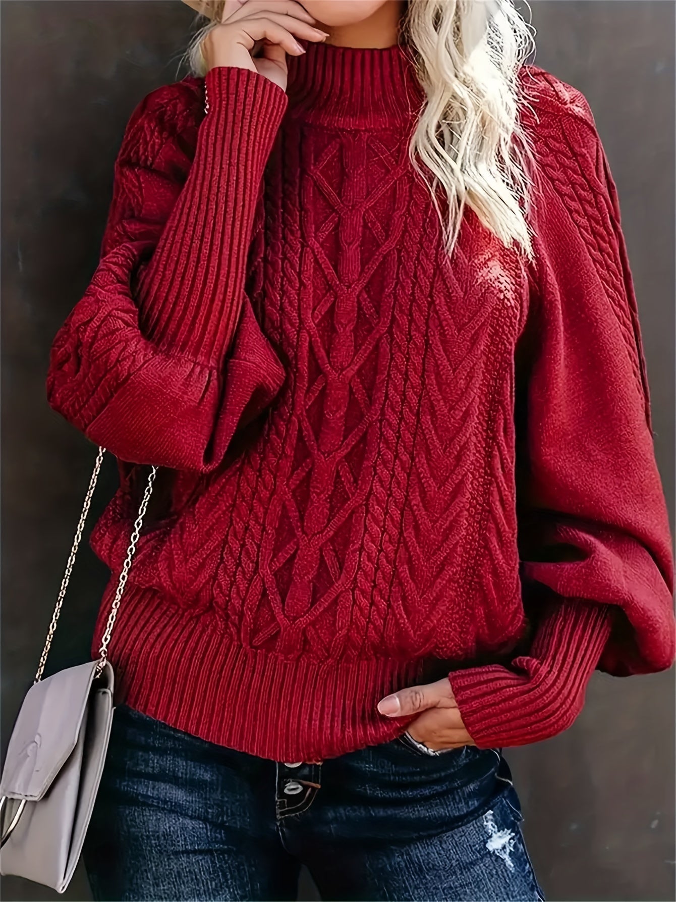 Comfortable Cable Knit Sweater for Women with Mock Neck Balloon Sleeve Oversized Relaxed Style