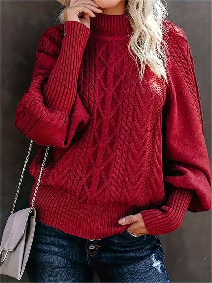 Comfortable Cable Knit Sweater for Women with Mock Neck Balloon Sleeve Oversized Relaxed Style