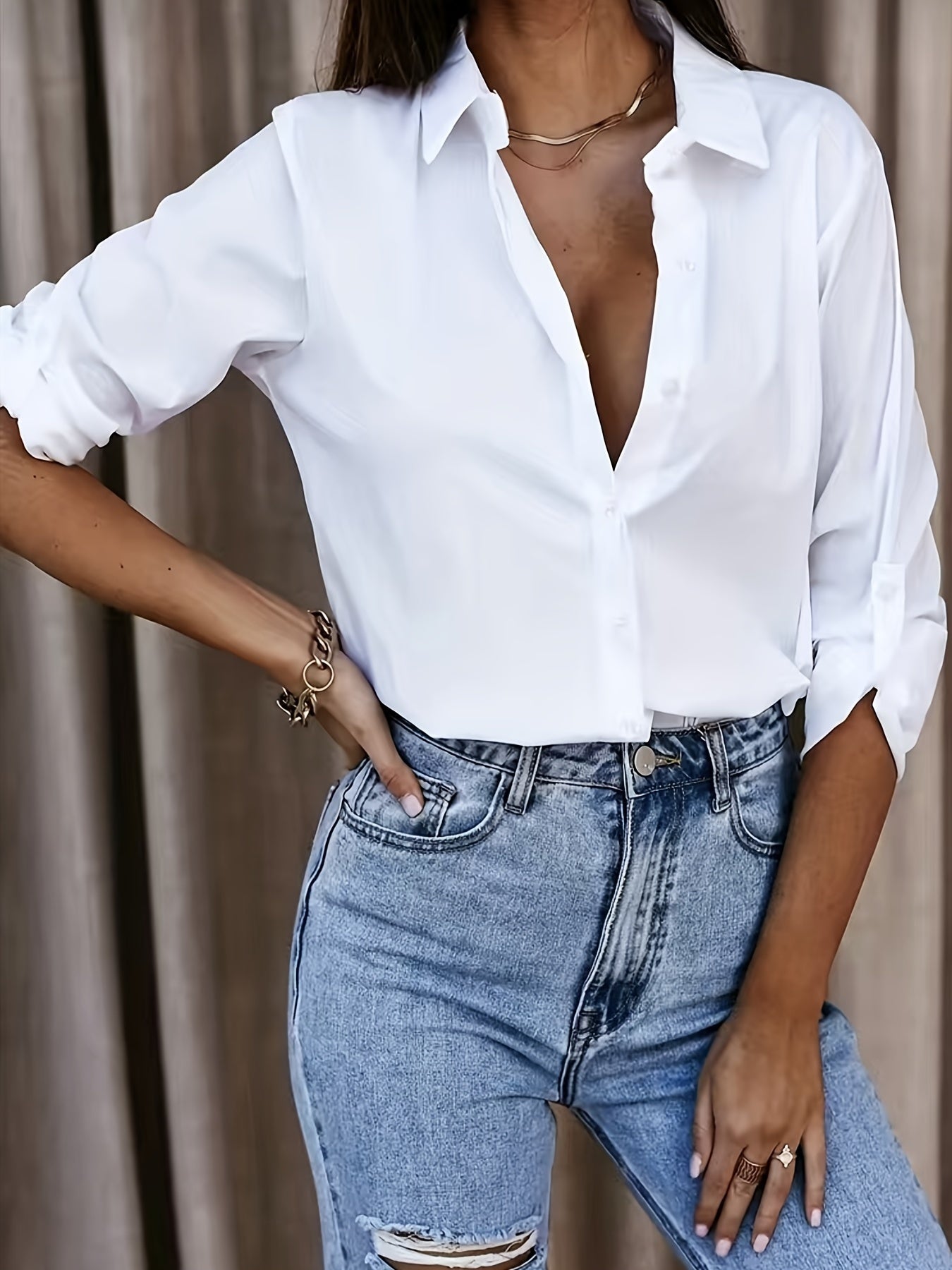Effortless White Cotton Blouse for Women with Collar Elbow Sleeve Relaxed Oversized Style