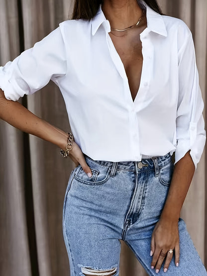 Effortless White Cotton Blouse for Women with Collar Elbow Sleeve Relaxed Oversized Style