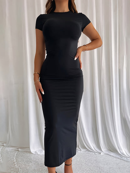 Elegant Bodycon Maxi Dress for Women with Round Neck Short Sleeve Ruched Fitted Casual Style
