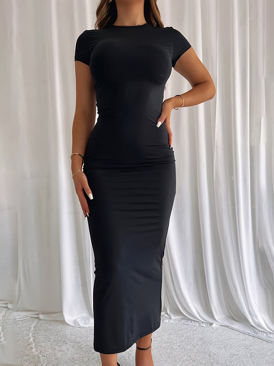 Elegant Bodycon Maxi Dress for Women with Round Neck Short Sleeve Ruched Fitted Casual Style