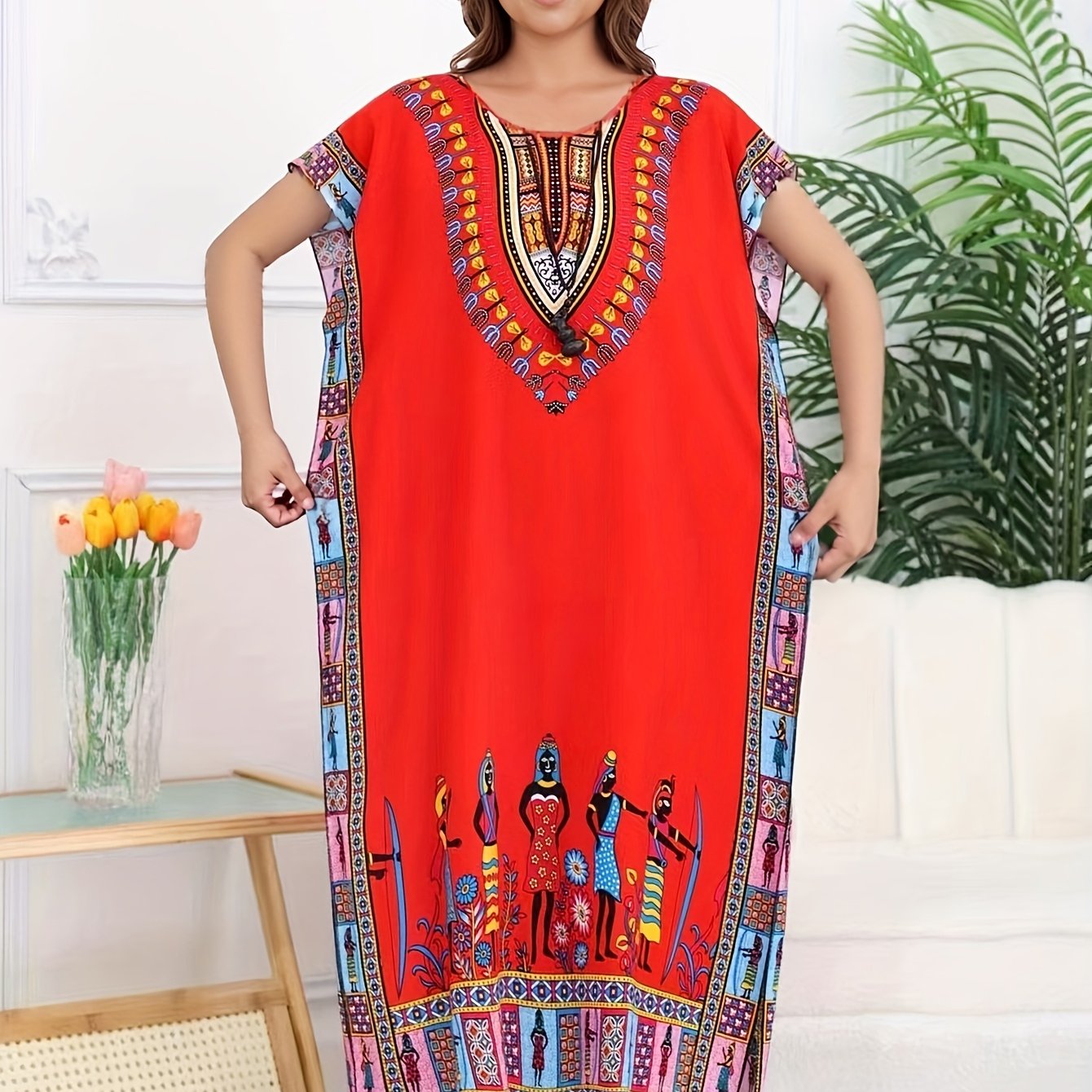 Effortless Tribal Print Kaftan Dress for Women with V Neck Short Sleeve Flowing Bohemian Style