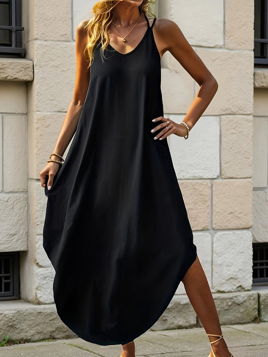 Effortless Black Maxi Dress for Women with V Neck Spaghetti Strap Cocoon Flowing Style