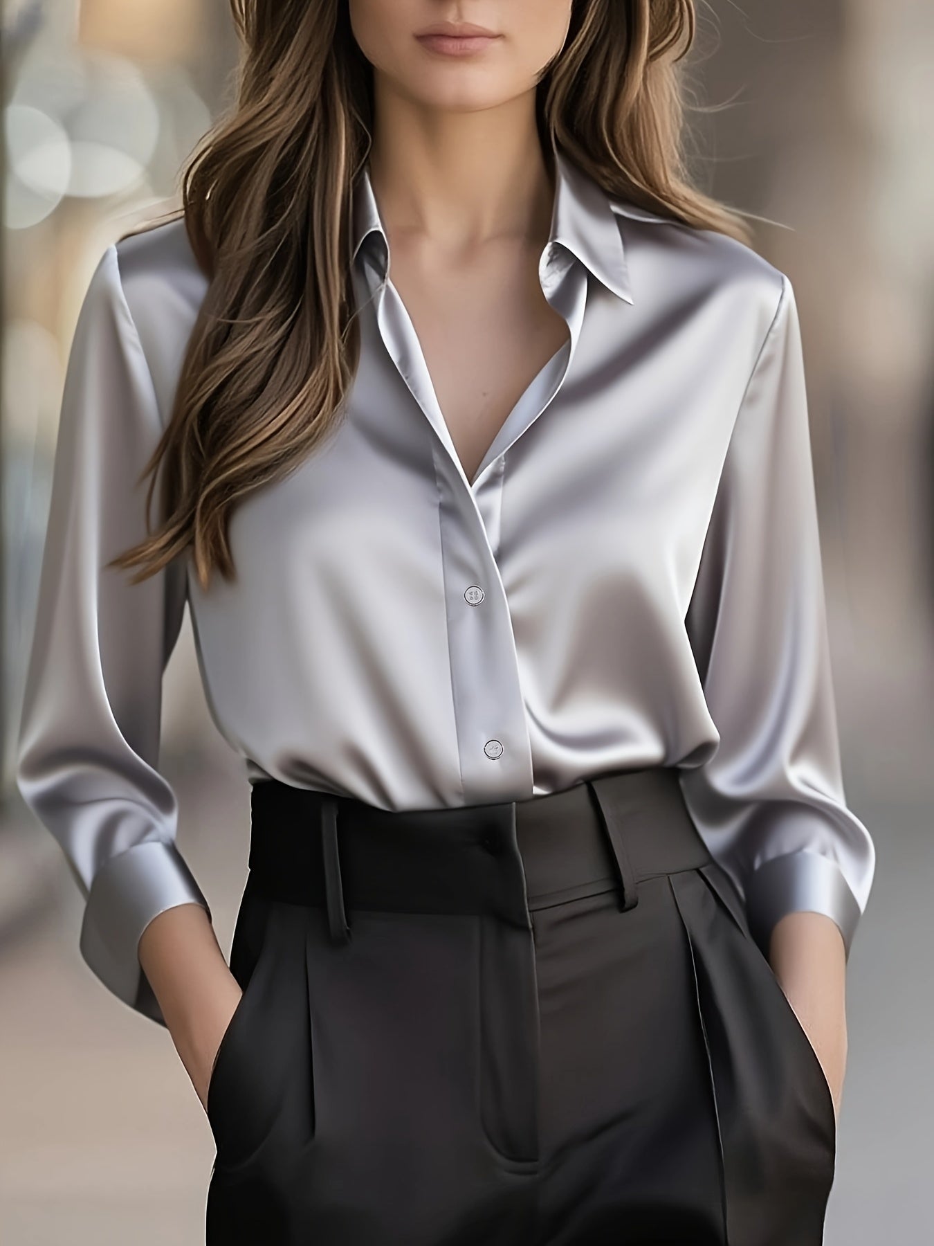 Elegant Satin Blouse for Women with Collar Long Sleeve Button Front Relaxed Silky Style