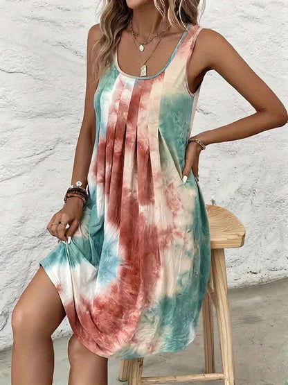 Effortless Tie Dye Mini Dress for Women with Scoop Neck Sleeveless Pleated Front Bohemian Style