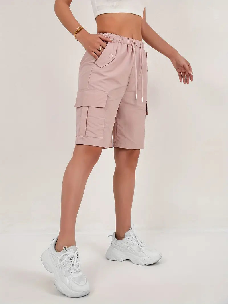 Effortless Pink Cargo Bermuda Shorts for Women with High Waist Drawstring Relaxed Casual Style
