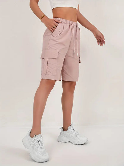 Effortless Pink Cargo Bermuda Shorts for Women with High Waist Drawstring Relaxed Casual Style