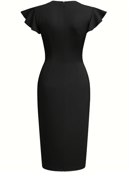 Elegant Sheath Dress for Women with Round Neck Flutter Sleeve Studded Bodycon Cocktail Style