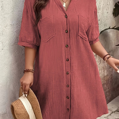 Effortless Textured Cotton Shirt Dress for Women with Collared V Neck Half Sleeve Button Front Relaxed Casual Style