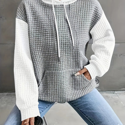 Women's Casual Waffle- Color-Block Hooded Sweatshirt - Relaxed Fit Long Sleeve Pullover with Drawstring Hood, Machine Washable Autumn Winter Fashion Top, Cute Sweatshirts, Autumn Apparel, Soft Fabric, Everyday Outfit, Waffle Design, Breathable Material, C