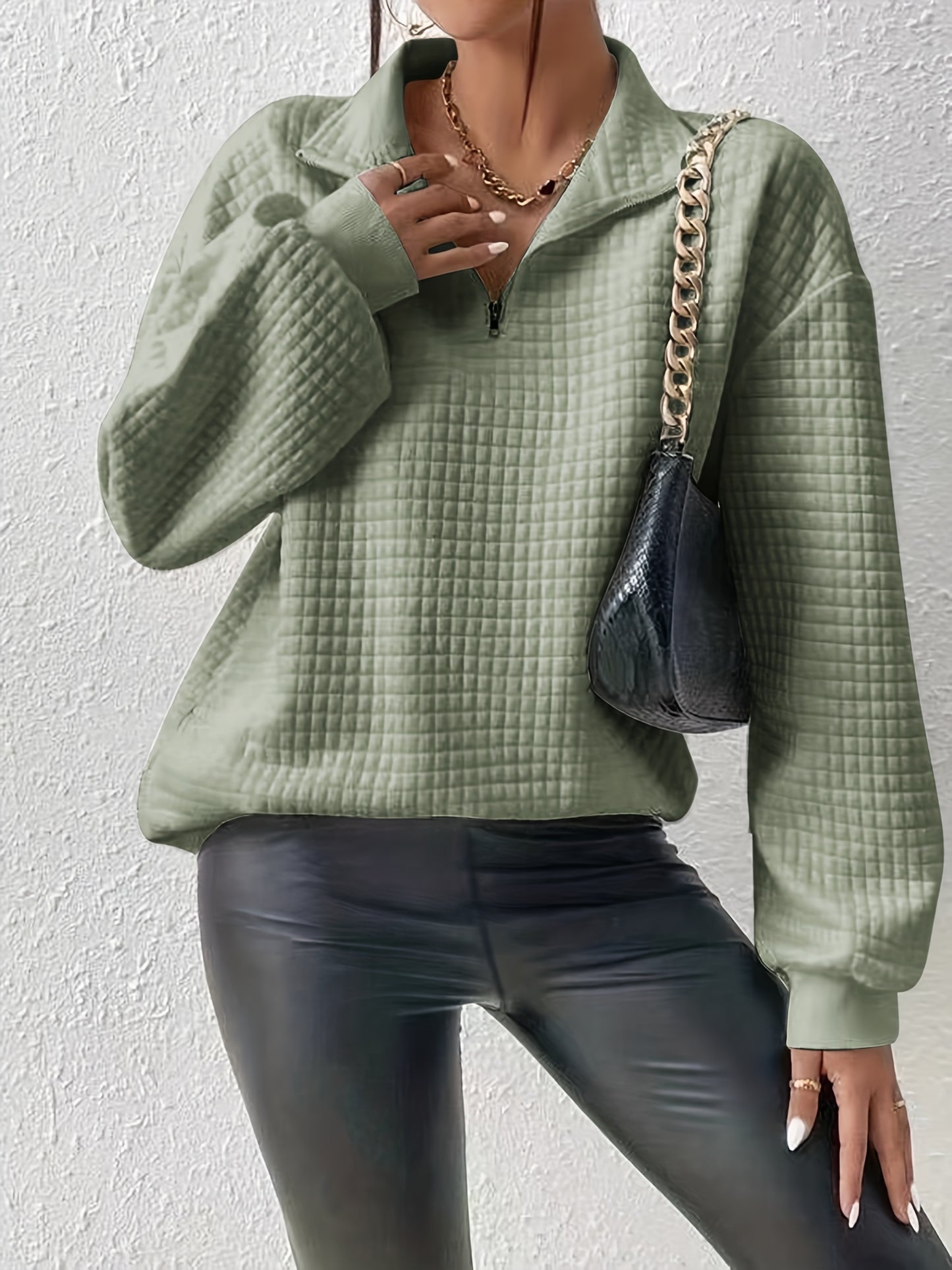 Comfortable and Loose Waffle Solid Standing Neck Zipper Long Sleeve Panel Women's Sweater