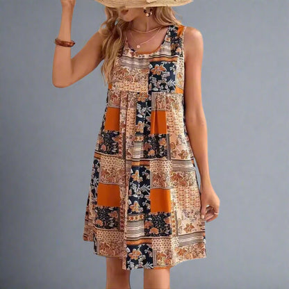 Effortless Patchwork Floral Mini Dress for Women with Scoop Neck Sleeveless Pleated A Line Boho Style