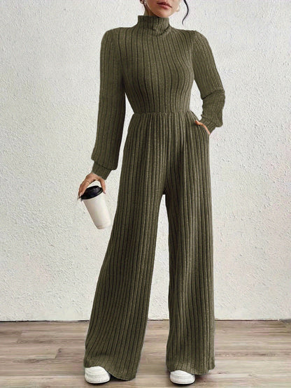 Comfortable Ribbed Knit Wide Leg Jumpsuit for Women with High Neck Long Sleeve Relaxed Pocket Style