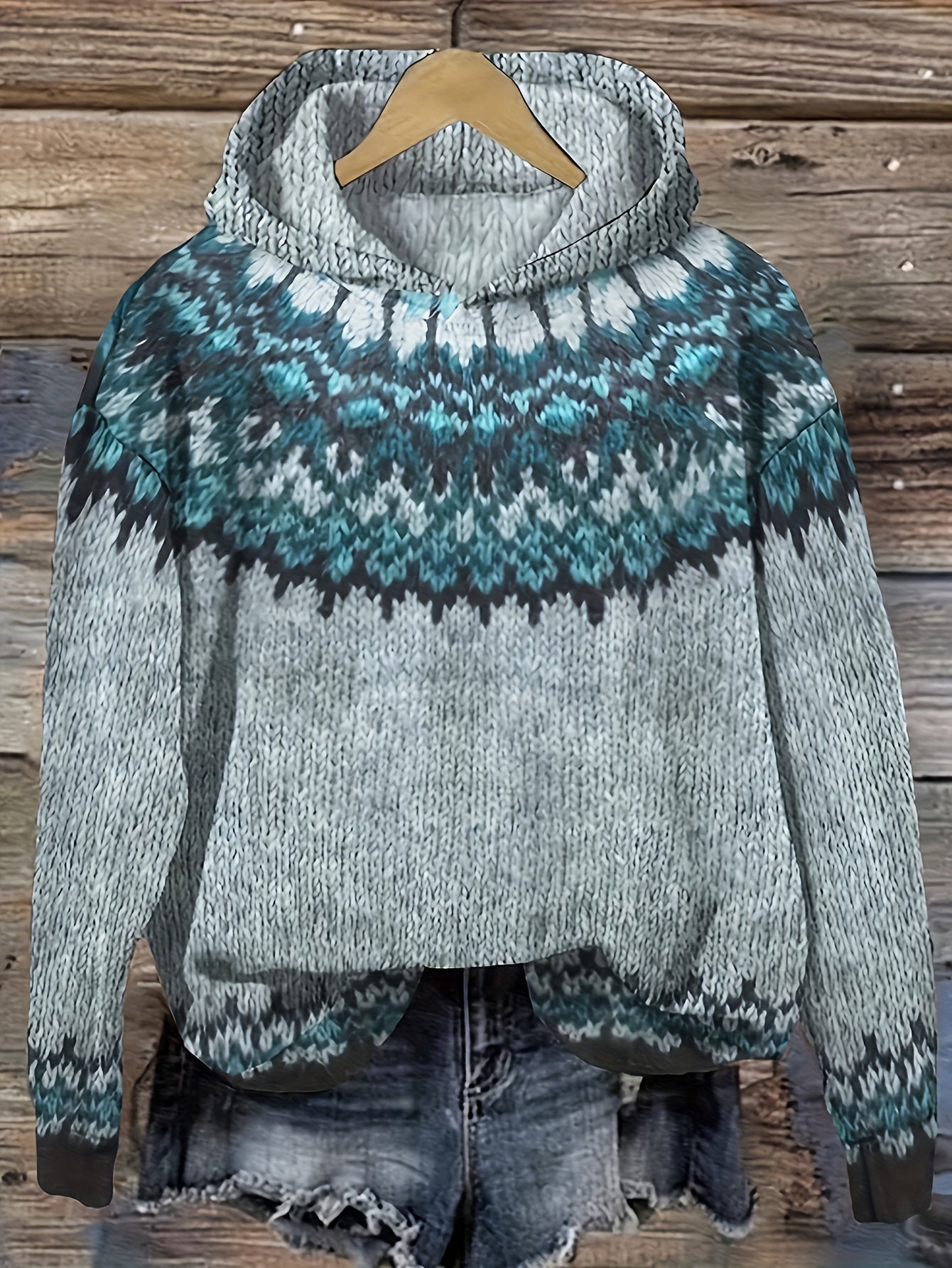 Comfortable Fair Isle Sweater for Women with Hooded Long Sleeve Relaxed Oversized Knit Style