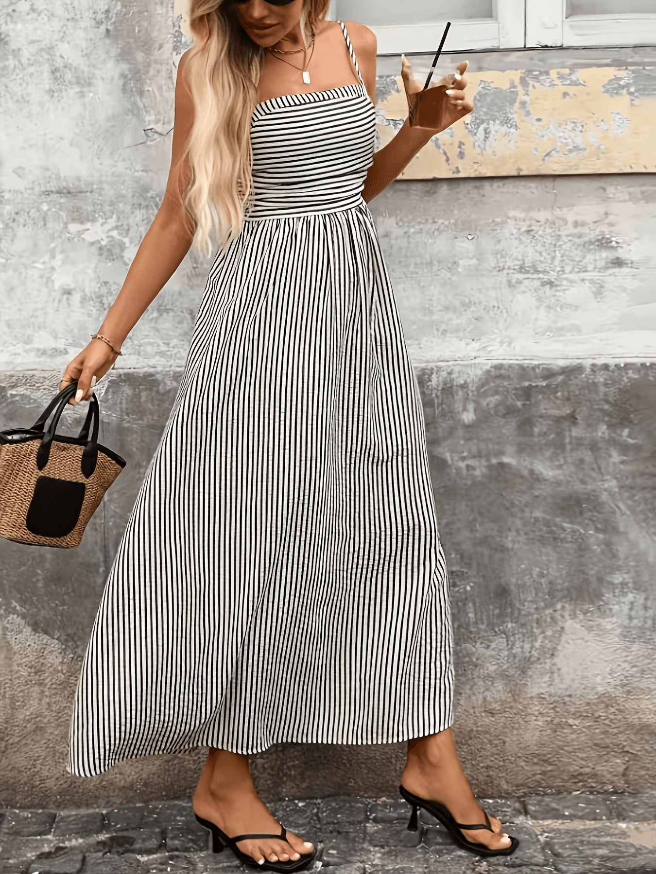 Elegant Black Striped Maxi Dress for Women with Square Neck Sleeveless Smocked High Low Style