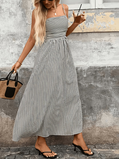 Elegant Black Striped Maxi Dress for Women with Square Neck Sleeveless Smocked High Low Style