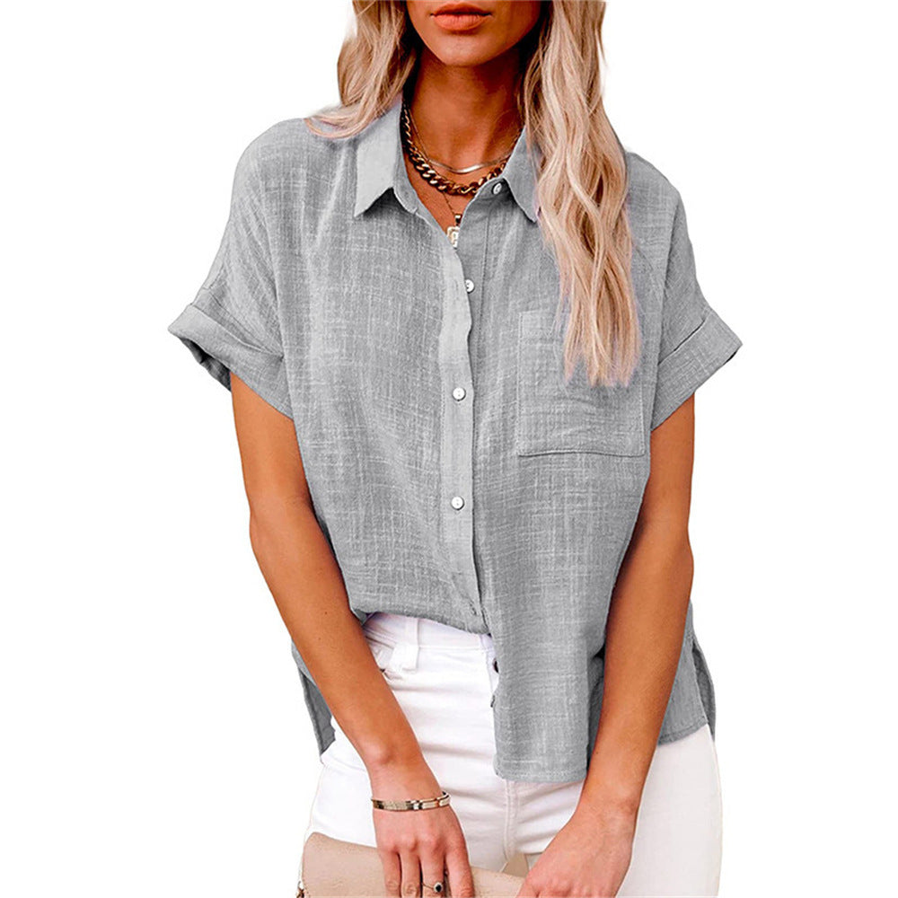 Effortless Linen Blouse for Women with Collar Short Sleeve Button Front High Low Style