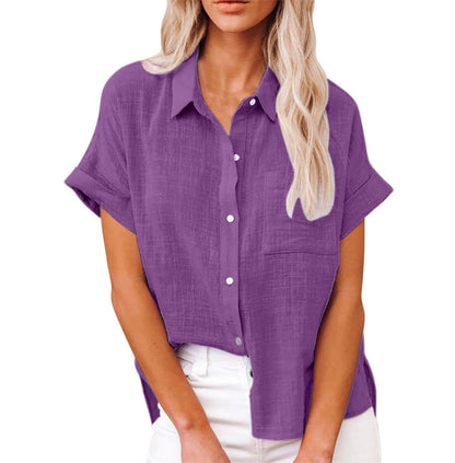 Effortless Linen Blouse for Women with Collar Short Sleeve Button Front High Low Style