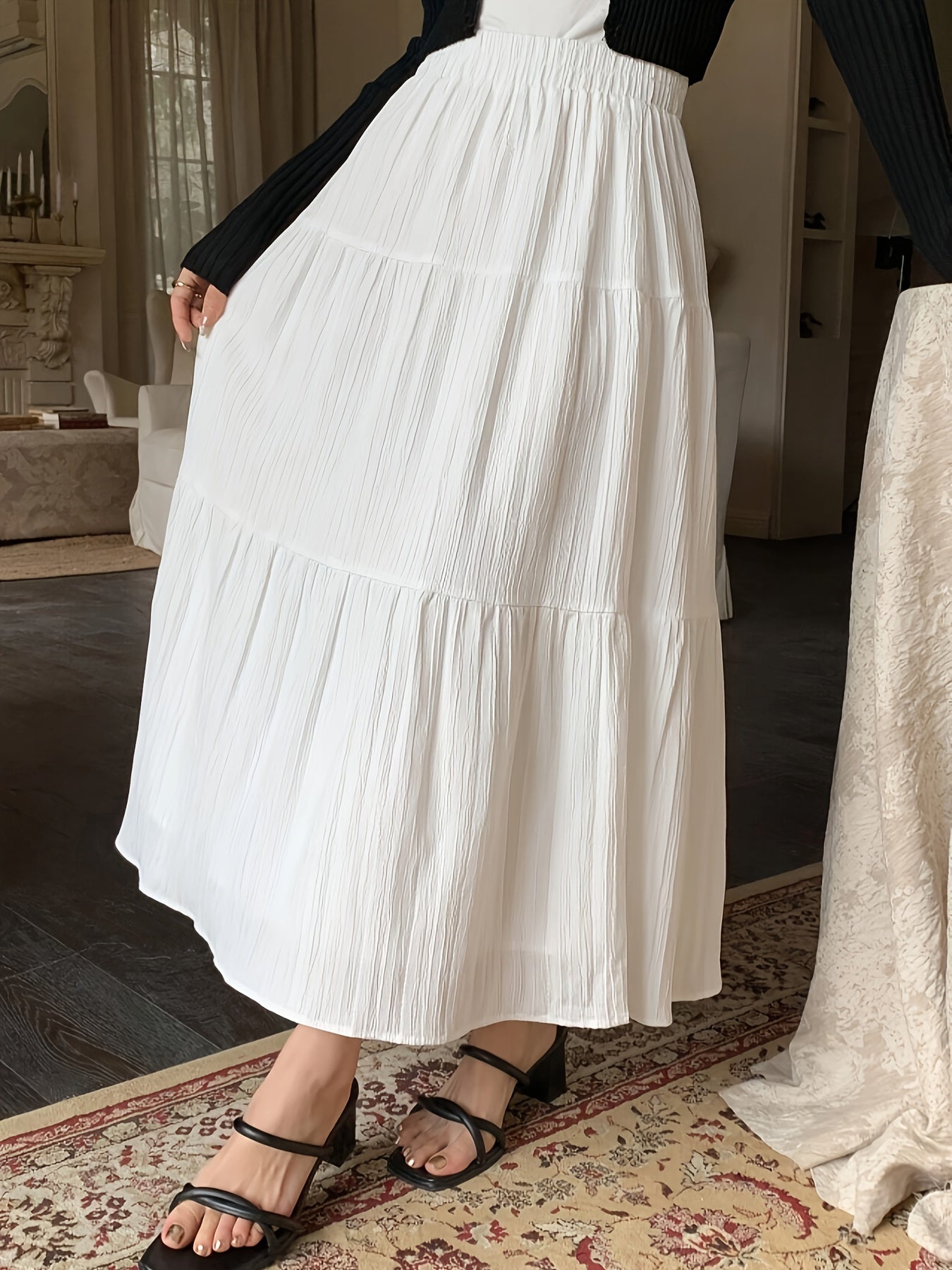 Elegant White Tiered Maxi Skirt for Women with High Waist Elastic A Line Flowing Style
