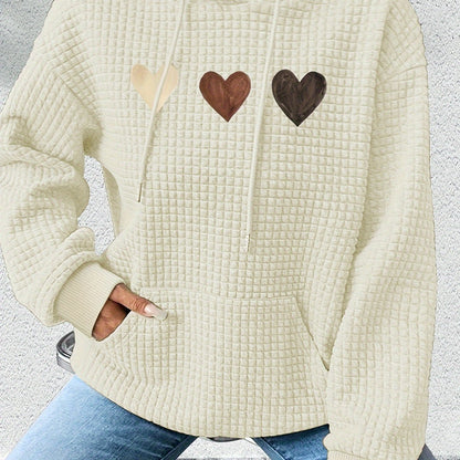 Comfortable Heart Print Waffle Knit Hoodie for Women with Hooded Long Sleeve Kangaroo Pocket Oversized Style