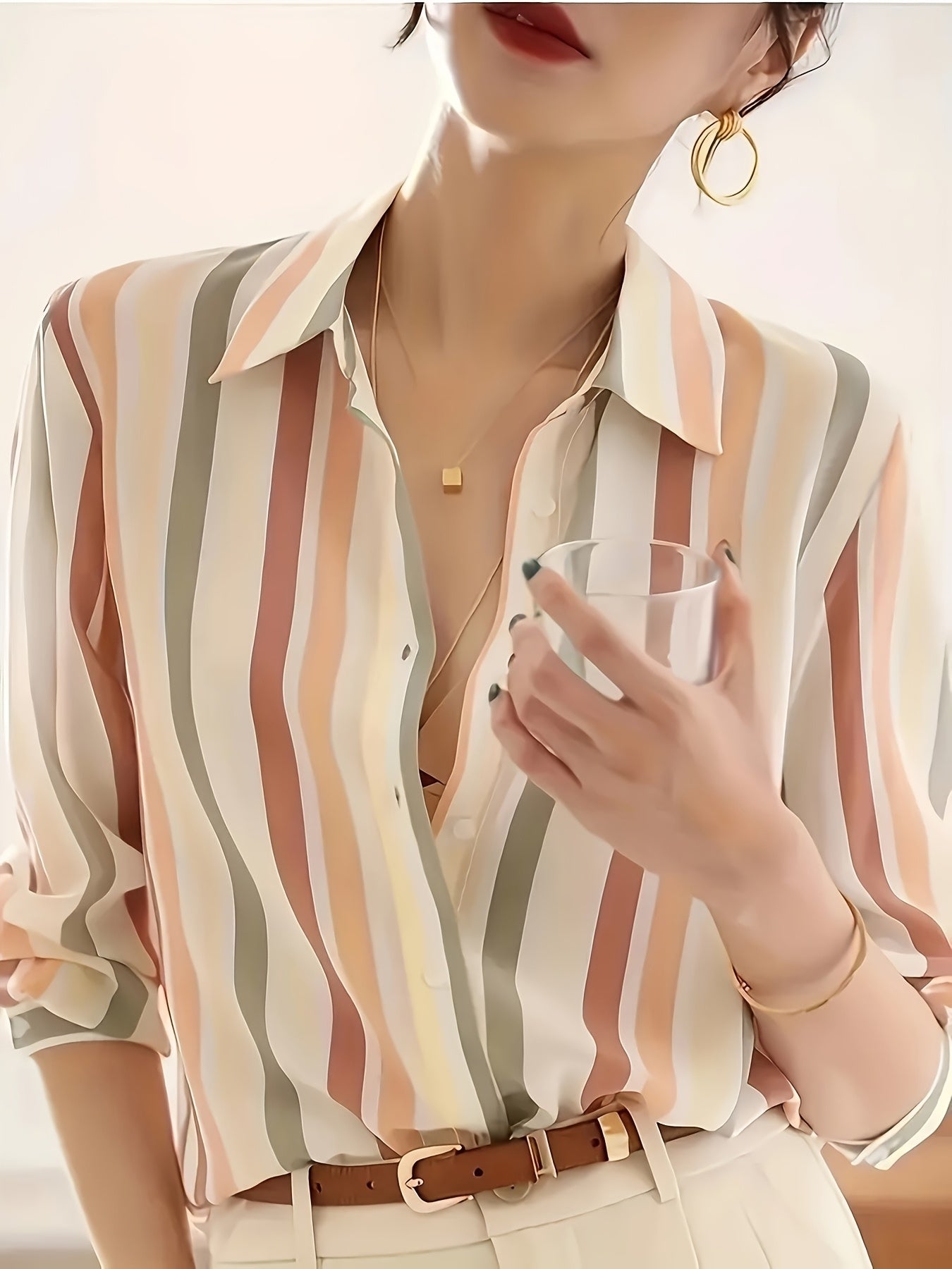 Effortless Striped Chiffon Blouse for Women with Collar Long Sleeve Button Front Relaxed Silky Style