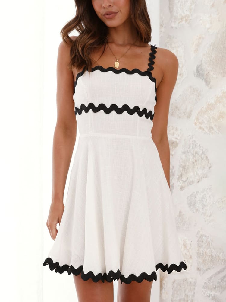Effortless Contrast Trim Mini Dress for Women with Square Neck Sleeveless Fit and Flare Style