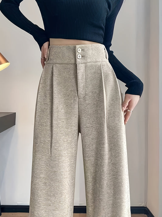 Elegant Herringbone Wide Leg Pants for Women with High Waist Button Front Pleated Tailored Style