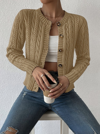 Comfortable Cable Knit Cardigan Sweater for Women with Crew Neck Long Sleeve Button Front Cropped Casual Style