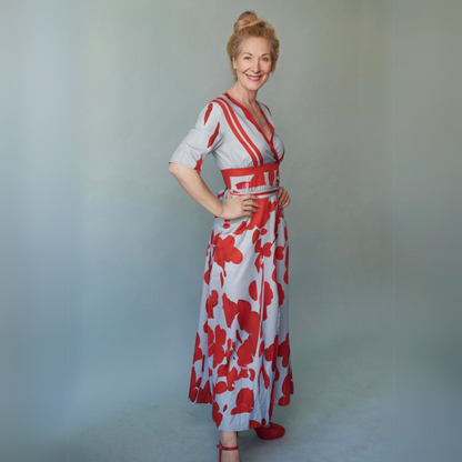 Elegant Blue Floral Jumpsuit for Women with Wrap V Neck Elbow Sleeve Wide Leg Belted Style
