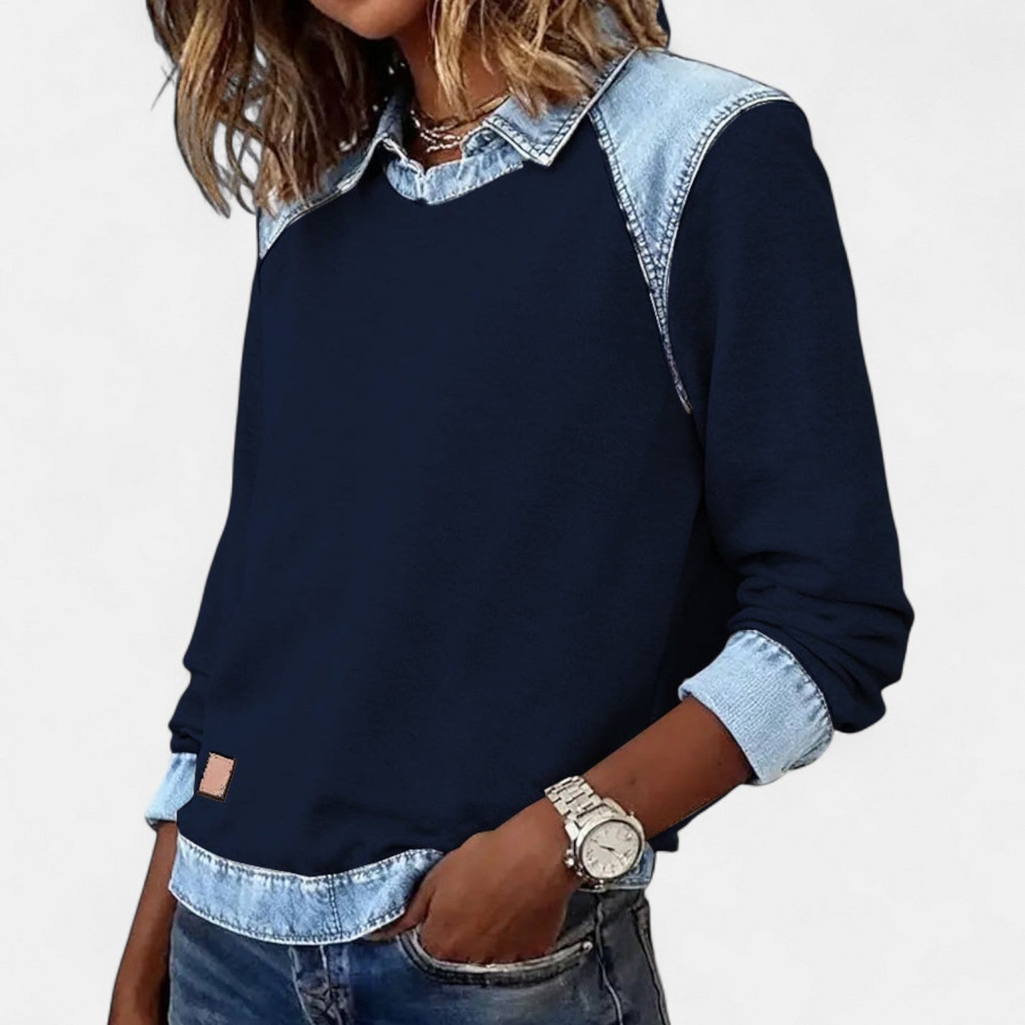 Effortless Denim Colorblock Sweatshirt for Women with Collar Long Raglan Sleeve Contrast Cuff Casual Style