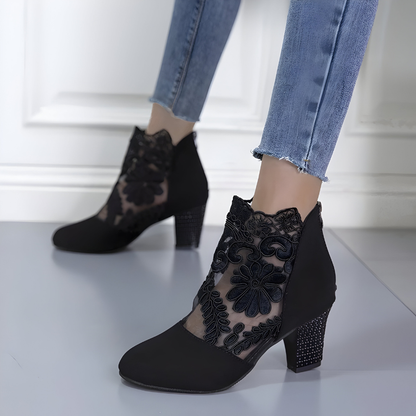 Elegant Lace Ankle Boot for Women with Floral Embroidery Mesh Block Heel Style